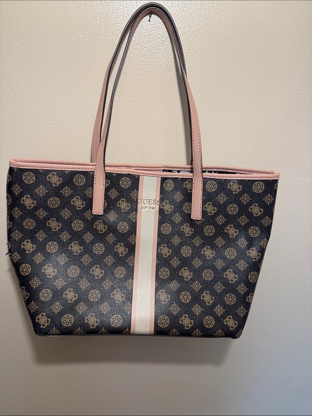 GUESS Navy Logo Tote with Pink Trim and Stripe